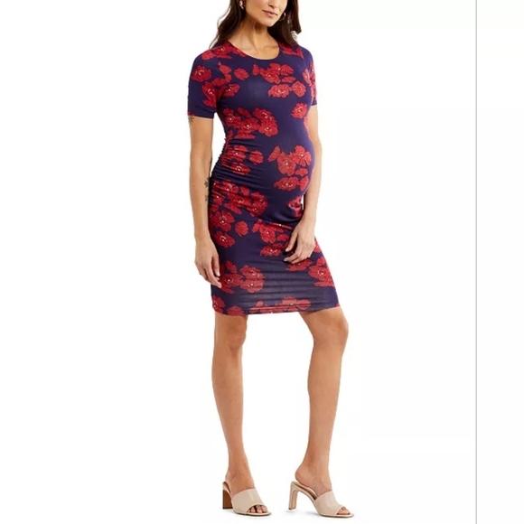 A Pea In The Pod  Women's Maternity Ruched Side Midi Dress Stretch Rayon Sz S - Picture 1 of 16